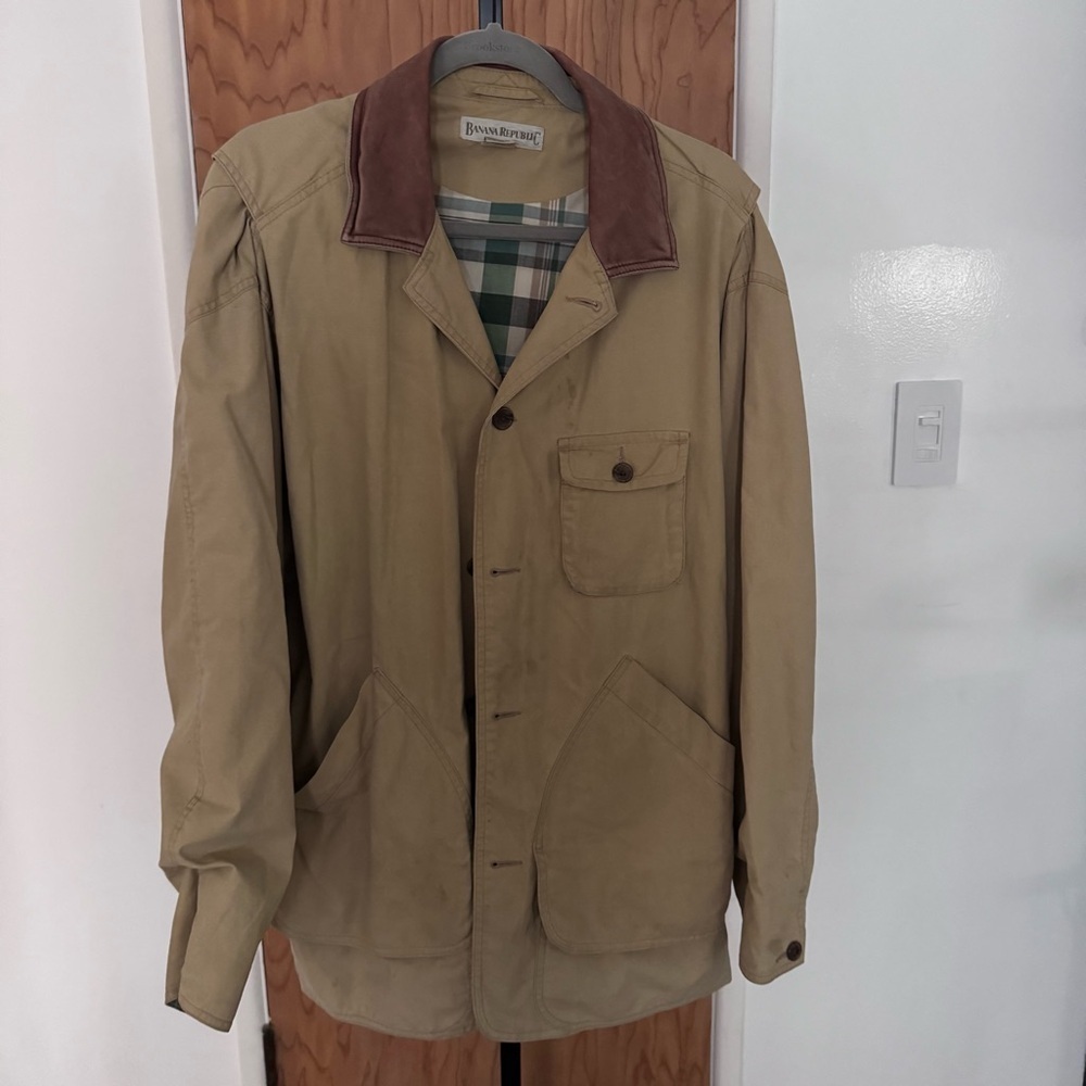 Vtg Banana Republic chino denim barn flannel lined leather collar men medium